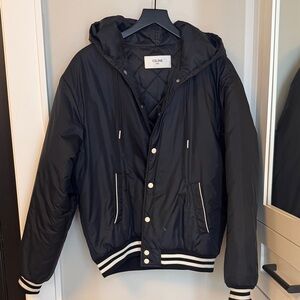 Men’s Celine Black Quilted Hooded Puffer Jacket with Stripe Trim